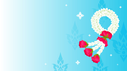 Thai Mother's day background vector illustration. Thai jasmine flower garland on blue background. © Farosofa