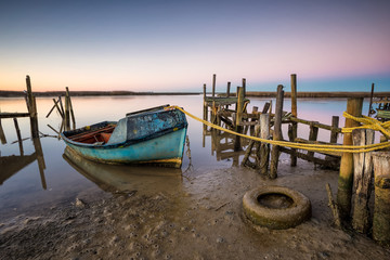 Wide angle landscape image of an old jetty on the Berg river Estuary on the West Coast of South...
