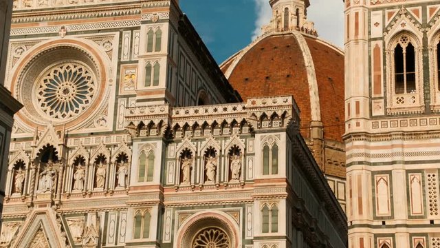 Close-up shot of the famous Florence Cathedral, also known as Cattedrale di Santa Maria del Fiore or Duomo di Firenze, Italy. Florence is considered the birthplace of the Renaissance