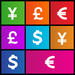 Dollar, Yen, Euro, Pound Signs icon set. Metro style