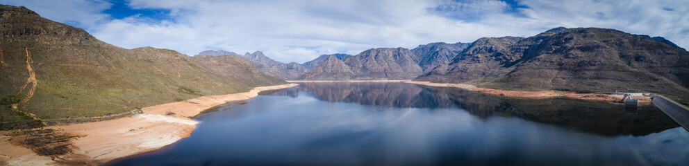 Aerial view over the Bergriver dam in the Bergriver outside Franschhoek in the western cape during...