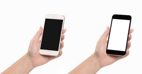 Woman hand holding smartphone isolated on white background.