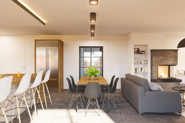 3d render modern living room and kitchen interior design with fireplace.
