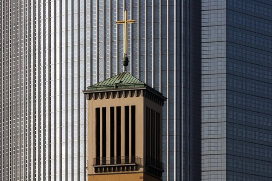 Steeple of the Church of Matthew in front of the Pollux building in Frankfurt am Main, Hesse, Germany, Europe