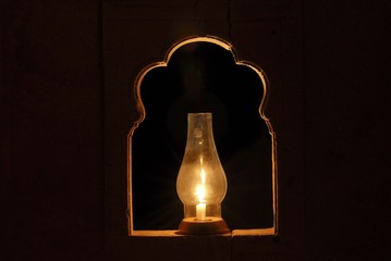 Oil lamp in a niche, Mool Sagar Heritage Hotel near Jaisalamer, Rajasthan, India, Asia