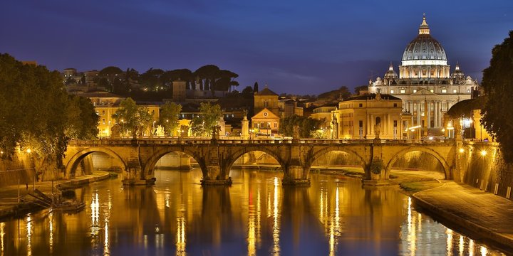 St. Peter's Basilica, in front Ponte Sant'Angelo bridge and the Tiber, Blue Hour, Vatican, Rome, Lazio, Italy, Europe