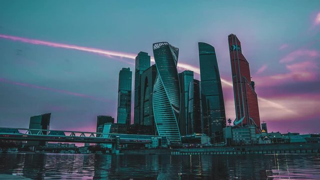 Moscow City Skyscrapers Sunset Timelapse