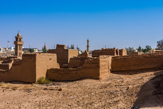 An aerial view of the mud brick suburbs from the Munikh Castle, Al Majmaah, Saudi Arabia