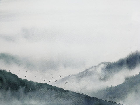 watercolor ink landscape mountain fog . Traditional oriental. asia art style.isolated on a white background