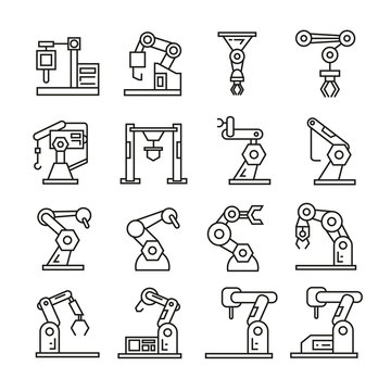 robotic arm in manufacturing process icons, bold line icons
