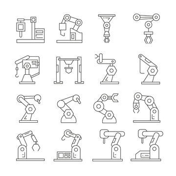 thin line robotic arm icons set