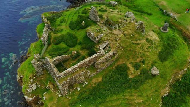 The ruins of Duntulm Castle on the Isle of Skye - aerial drone footage