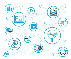 analytics data icons and network diagram on white background, information technology concept