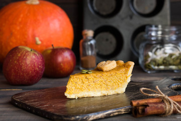 Traditional homemade American pumpkin pie for a holiday