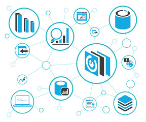 analytics data icons and network diagram on white background, information technology concept
