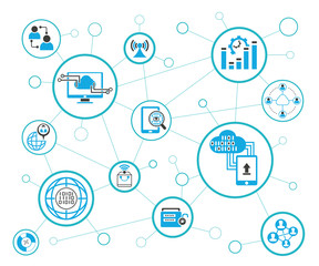 analytics data icons and network diagram on white background, information technology concept