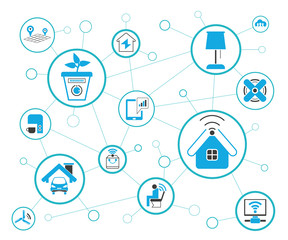 internet of things concept and home automation icons in blue network background