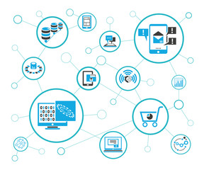 analytics data icons and network diagram on white background, information technology concept