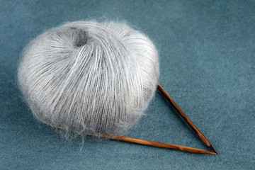 Grey yarn ball of mohair (angora) wool for knitting with knitting needles
