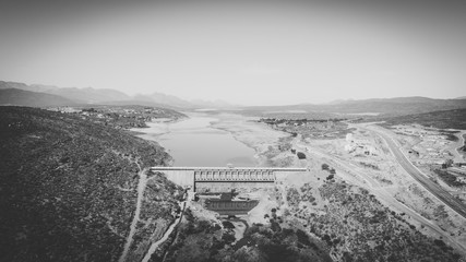 Aerial view over the very dry Clanwilliam dam in the Western Cape of South Africa during the worst drought in decades