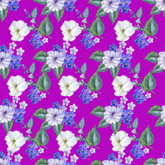 Seamless background pattern.petunia and for get me not flowers  with leaves.hand drawn. on chocking pink background