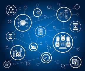 server and data analytics concept, information management in blue background