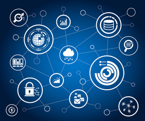 data analytics concept, information management in blue background