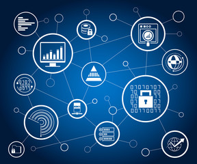 data analytics concept, information management in blue background