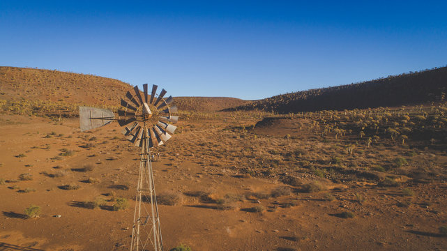 Aerial image over an old windmill / windpump / windpomp in the karoo region of south africa