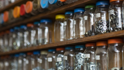 Organized glass shelf, made of wood and glass pot 