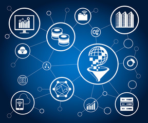 data analytics concept, information management in blue background
