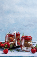 Cold dessert with strawberry jelly