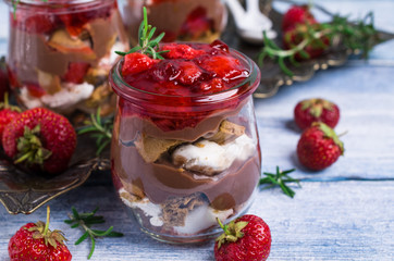 Cold dessert with strawberry jelly