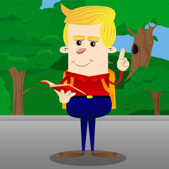 Schoolboy reading a red book and making a point. Vector cartoon character illustration.