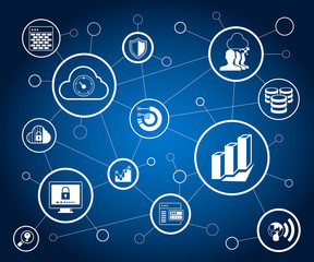 data analytics icons and network on blue background