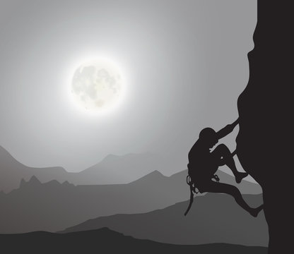 A Male Explorer, Rock Climber, Mountaineering, Moonlight