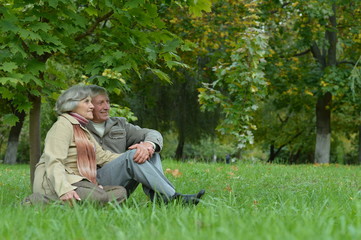 Naklejka na ściany i meble Happy senior couple sitting outdoors
