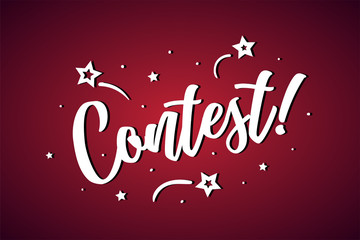 Contest lettering card, banner. Beautiful greeting scratched calligraphy white text word stars. Hand drawn invitation print design. Handwritten modern brush red background isolated vector