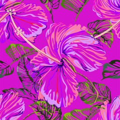 Seamless background pattern flower astract create from hibiscus flower , colorful on pink background
