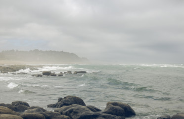 Fototapeta na wymiar Pacific coast. Small wave on beach with rock formations. Heavy overcast.