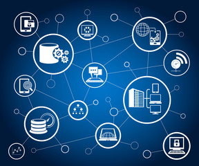 data analytics icons and network on blue background