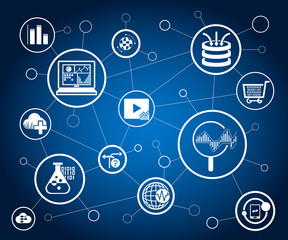 data analytics icons and network on blue background