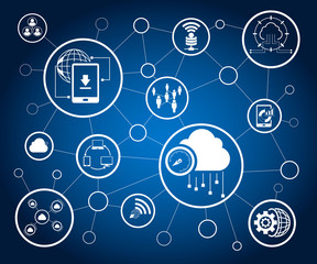 data icons and network diagram on blue background