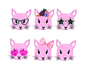 kitty faces in sunglasses, bow and reath illustration