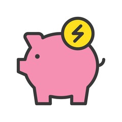 Piggy bank and flash sign, filled line Flat icon saving energy and environmental concept