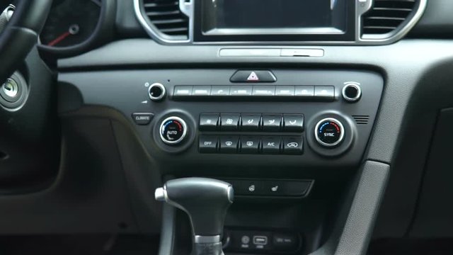 Dolly Interior of a modern car, close up of the dashboard and the board computer