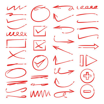 red hand drawn arrows, doodle markers, underlines