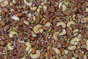 Nuts in syrup in honey. Oriental sweets. Traditional Middle Eastern dessert. Closeup Background