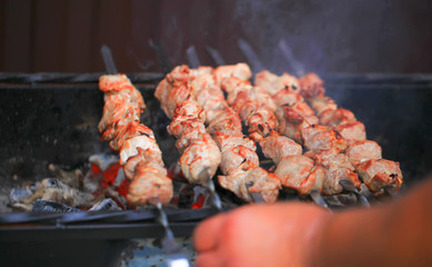 Meat And Vegetable Kebabs On The Hot BBQ Grill. Flaming Charcoal In The Background. Snack For Outdoor Summer Barbeque Party.Family dinner in the open air.