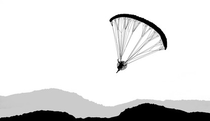 silhouette paraglider flying with paramotor  on white background.